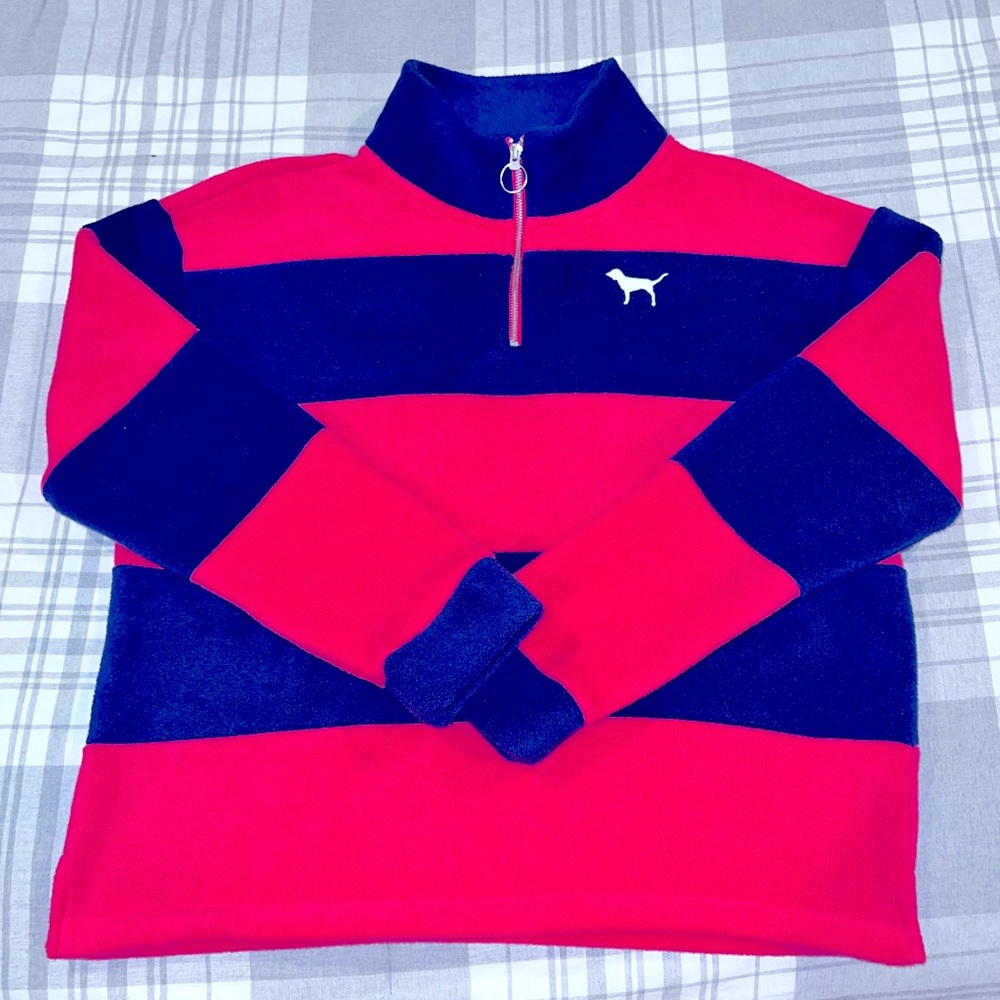 Red/Blue striped fleece sweatshirt w/zip neck.